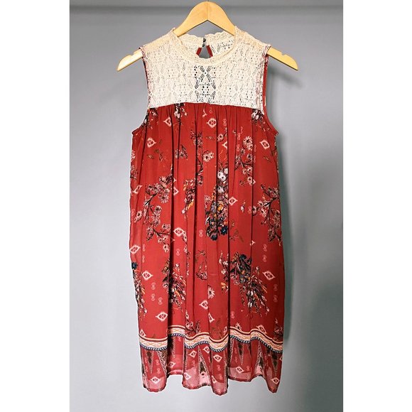 Boho, Burnt Red, Floral, Lace, Button-Up, Sleeveless, high collar Dress (M/6-8) - Picture 2 of 5